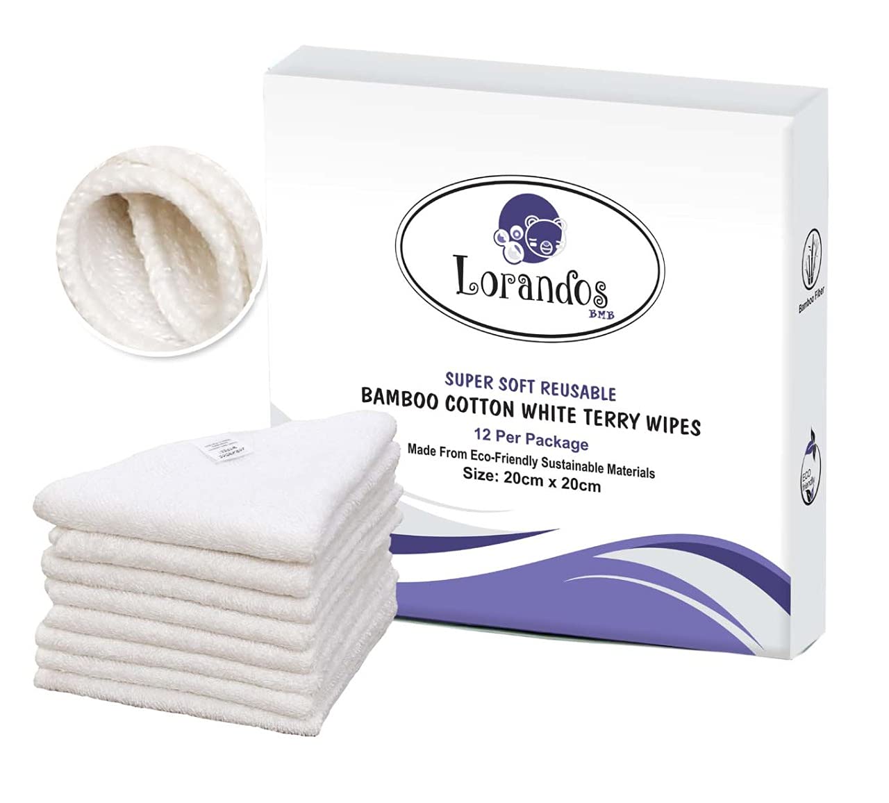 Lorandos Bamboo Terry Reusable 500 GSM Baby Wipes (12 pack - 20x20cm - White) for Munchkin’s Hygienic Routine – Ultra Soft and Super Absorbent Square Flannel Washcloths for Multipurpose Use