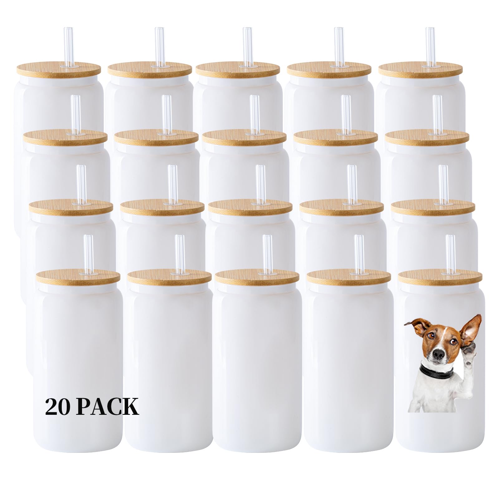 Photo 1 of YOUKE OLA 20 Pack Sublimation Blank White Glass Cans Sublimation Beer Glass Cups with Bamboo Lids Borosilicate Glasses Tumbler Mason Jar Cups Mug with Straw for Beer, Juice, Drinks 16oz White