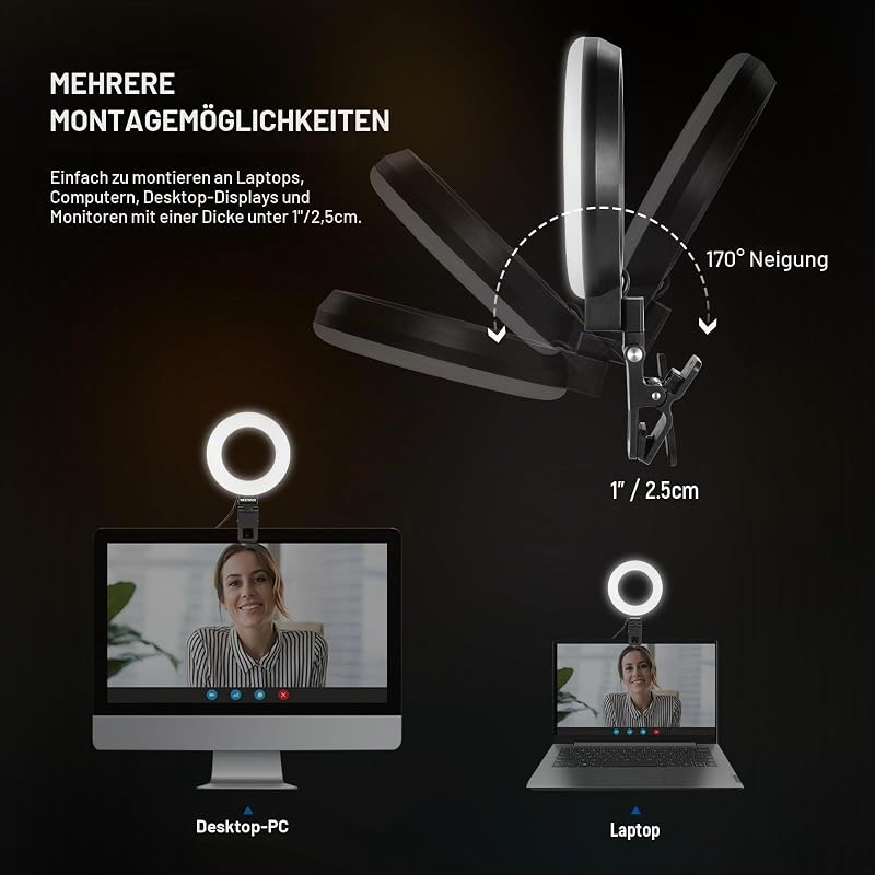 Basics 5" Ringlicht für Videokonferenz Beleuchtung 2er Pack Ansteck Licht Set mit Schreibtischstativen für Monitor Laptop Computer Zoom Live Streaming Home Office Lernen Videoaufzeichnung BR60