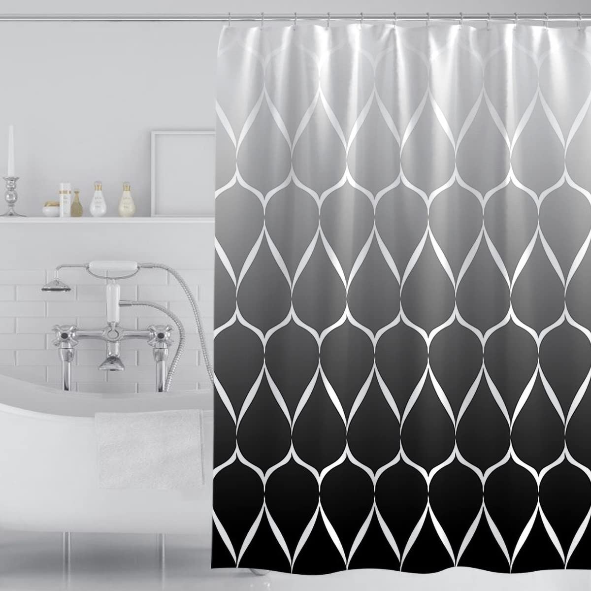 Tennove Shower Curtain 220x200cm Geometric Bathroom Curtain Waterproof Thick Polyester Fabric Long Shower Curtain Washable Bathtub Curtain with Hooks, Weighted Hem, Black