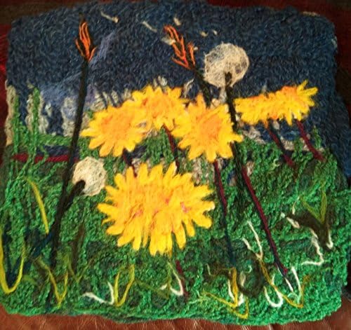 Fiber art, needlefelted 'painting' Irish landscape dandelions, wild flowers, needlefelt, pure wool, West of Ireland, Connemara Ireland