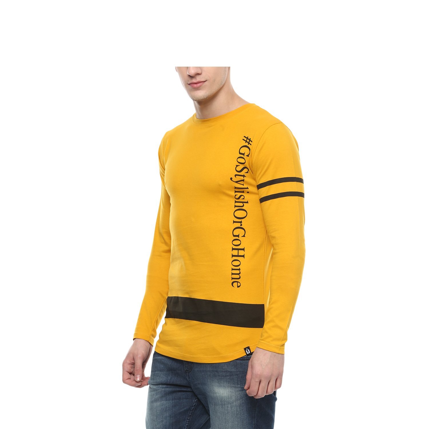 urbano fashion men's yellow full sleeve printed slim fit cotton t-shirt
