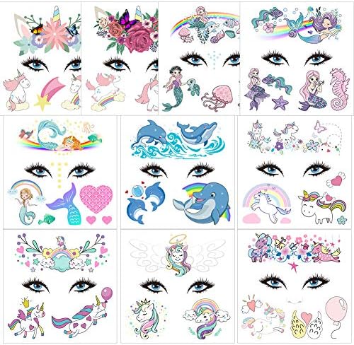 Fanoshon 10枚ハロウィーンユニコーン人魚 顔タトゥーシールステッカー子供と大人 防水コスプレ長持ち 期間限定特価品 一時的な海洋をテーマにしたイルカボディーペイントタトゥーステッカー仮装
