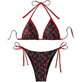 WDIRARA Women's Cherry Print Halter Swimsuit Contrast Binding Bikini Set Two Piece Tie Side Bathing Suit
