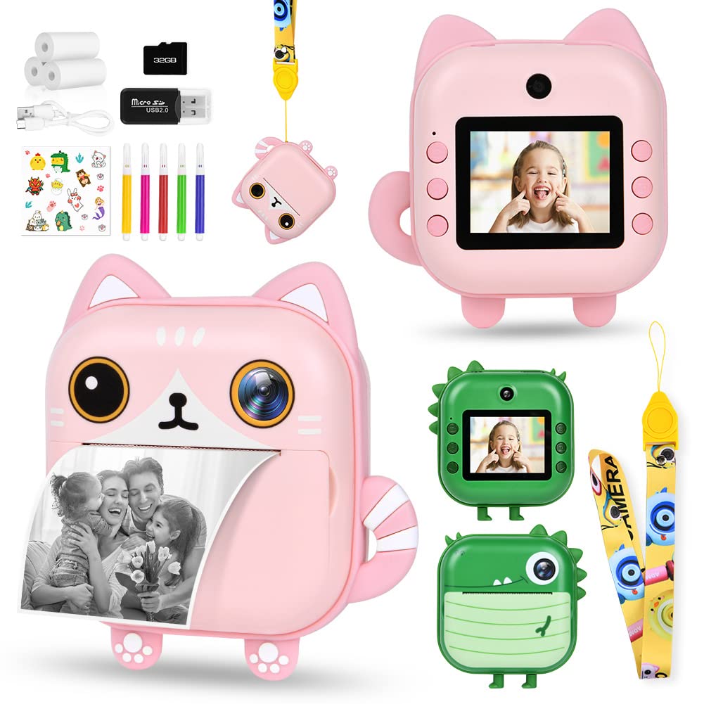 Ainiv Instant Print Camera for Kids - Dual 1080P Camera with 3 Rolls Print Papers, 32GB SD Card, 5 Color Pens, Gifts for 3-12 Year Old Boys & Girls, Pink