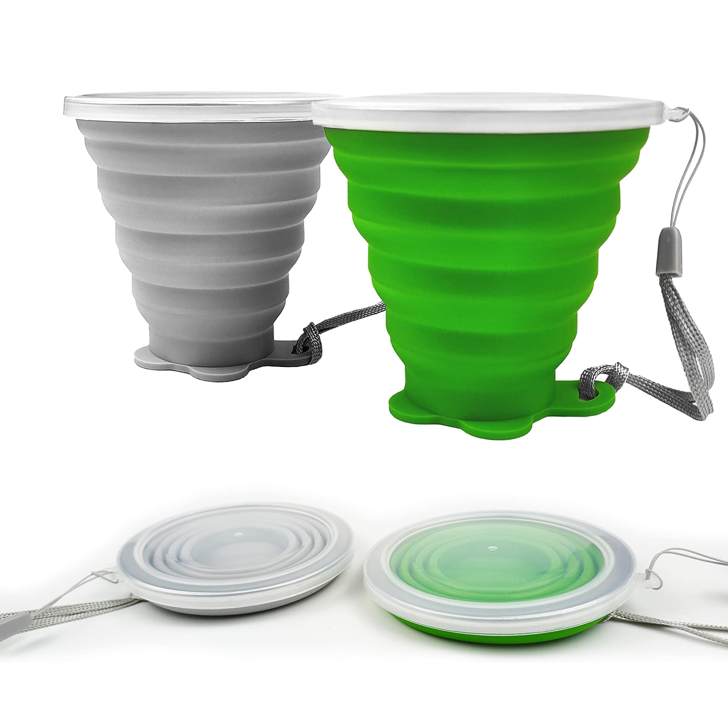 ddLUCK Silicone Foldable Cup, 2 Pack BPA Free Collapsible Travel Mugs, Folding Silicone Cups with Plastic Sealing Lid, Reusable Portable Cup Set for Picnic, Camping, Outdoor Hiking Travel