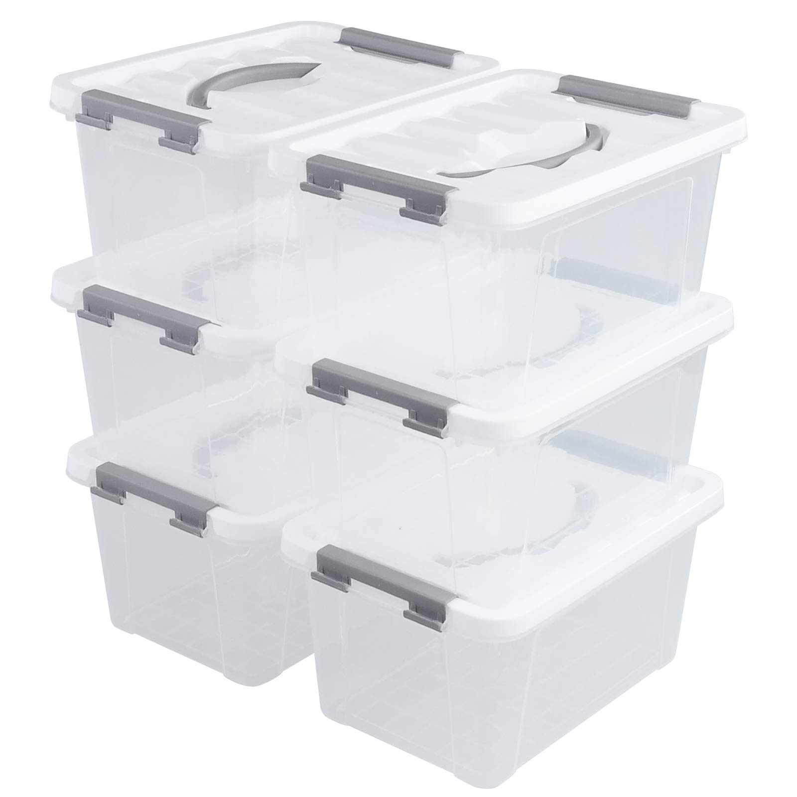Hespama 5L Storage Boxes, Plastic Latching Box with Gray Handle, Pack of 6