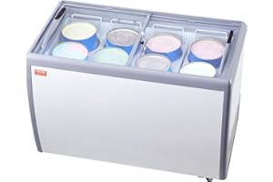 VEVOR Commercial Ice Cream Display Case, 13.1 Cu.ft Chest Freezer, Mobile Glass Top Deep Freezer, Restaurant Gelato Dipping Cabinet with 8 Large Tubs, 2 Sliding Glass Doors, Locking Casters, White