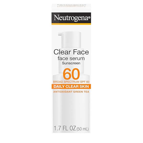 NEUTROGENA CLEAR FACE SERUM SUNSCREEN WITH GREEN TEA, BROAD SPECTRUM SPF 60, NON-COMEDOGENIC FACE SUNSCREEN FOR LIGHTWEIGHT UVA/UVB PROTECTION, OXYBENZONE- & FRAGRANCE-FREE, 1.7 FL. OZ