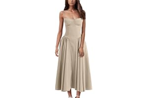 WJDNHKYD Corset Midi Dress Spaghetti Strap Bustier Midi Dress Flowy Pleated Hem Low Cut Prom Dresses with Pockets