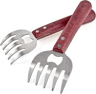 GuDoQi Pulled Pork Krallen Edelstahl, 2 Stück, Langer Holzgriff, Langlebig & Scharfe, Fleisch Krallen, Geschwungene Gabeln zum Greifen, Zerkleinern, Reißen von Fleisch, Hühnchen