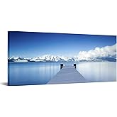 iKNOW FOTO Lake Tahoe Snowy Pier Panorama Canvas Wall Art - 20"x48" Giclee Prints of Winter Nature Photography - Stretched and Framed Modern Home Decor, Ready to Hang