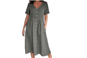 SHOPESSA Linen Dresses for Women 2024 Casual V Neck Button Up Midi Dress with Pockets Short Sleeve Flowy Summer Dress