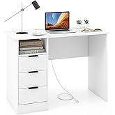 Tangkula White Desk with 3 Drawers & Charge Station, Home Office Desk with Open Shelf, Study Writing Desk, PC Desk Computer W