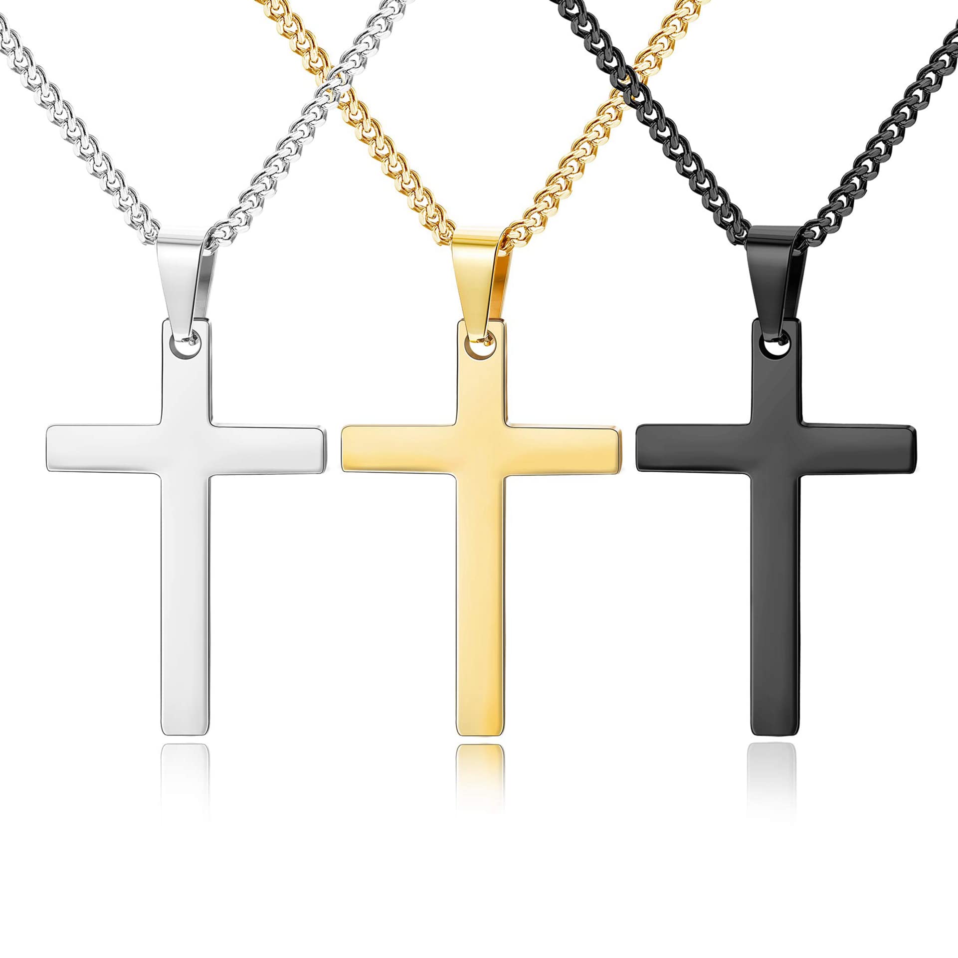 YADOCA 3 Pcs Stainless Steel Cross Pendant Necklaces for Men Women Simple Plain Cross Necklace Jewelry Set Gifts Gold Silver Black Tone 40cm