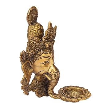 Kartique Brass Metal Diya for Puja Room Ganesh Idol Statue Ganpati Murti Home Decor Gift Hanging On Trunk Oil Lamp Deepak Deepam Decoration Diwali
