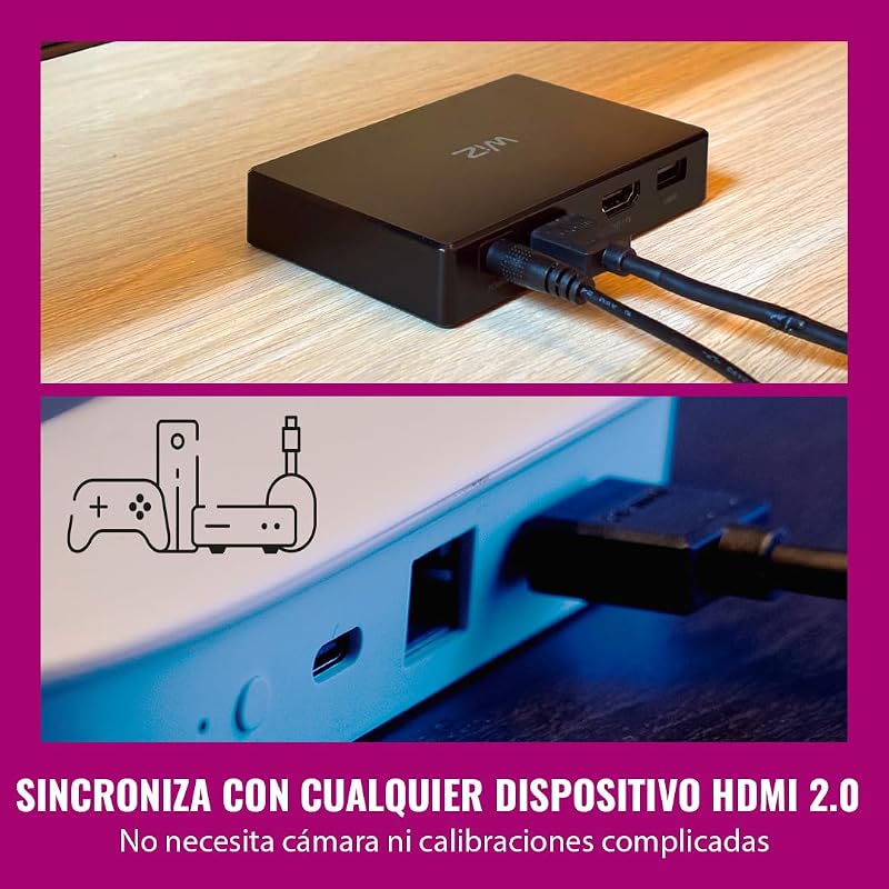 HDMI Sync Box con retroiluminación de TV - Sincroniza la luz con tus películas, juegos y música - HDMI 2.0 - Soporta 4K a 60Hz - Tira LED RGBIC para televisores de 75«-85» - Control por App/Voz