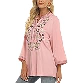 AK Embroidered Tops for Women 3/4 Sleeve Bohemian Mexican Floral Peasant Shirts Loose Tunic Blouses