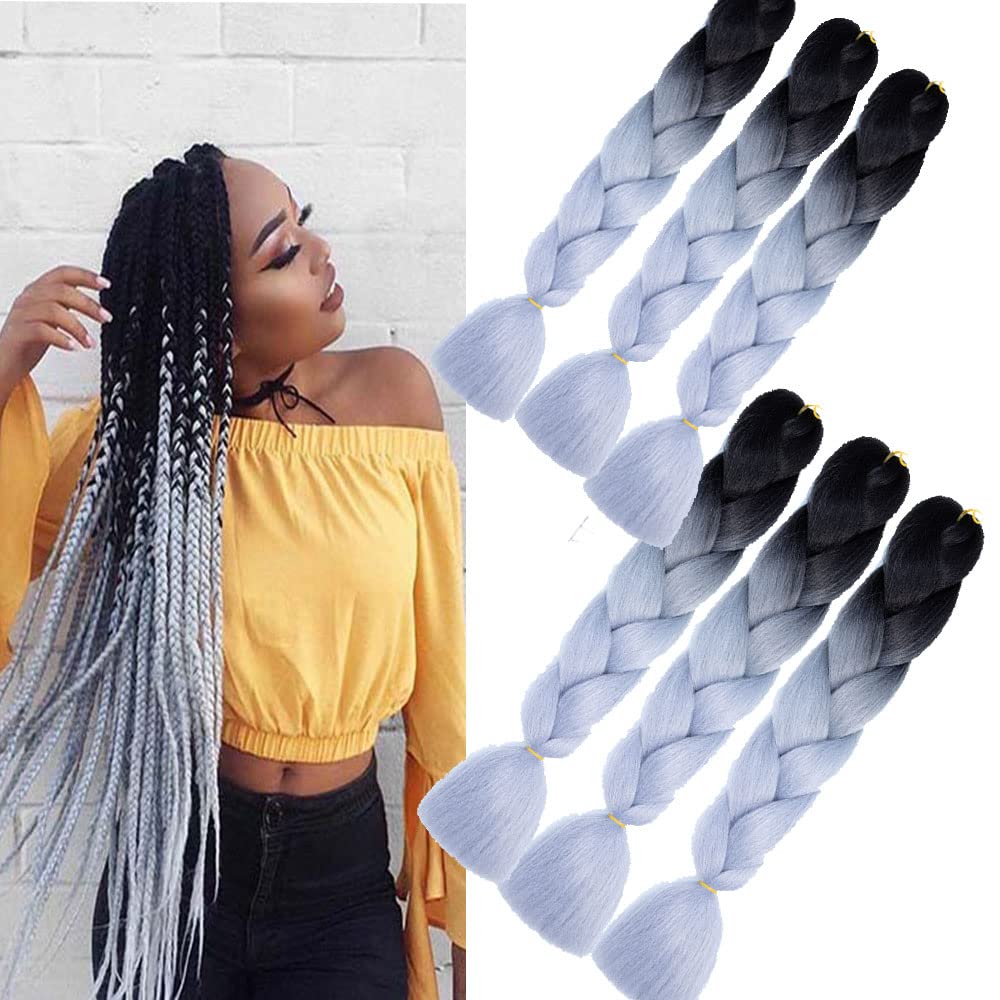 Ombre Braiding Hair Gray jumbo Braids hair Extensions for Braiding 6packs Natural Yaki Texture Synthetic Braiding Hair Extensions for women Girls (Black -Grey) โ image 1