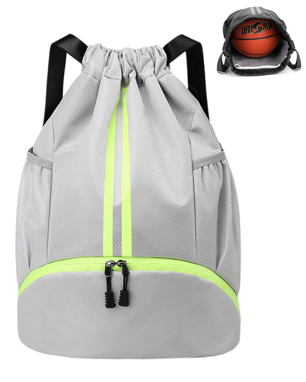 CazneJN Drawstring Sports Backpack with Shoe Compartment, Large Capacity Drawstring Gym Bag, Waterproof PE Backpack, for Football, Basketball Swimming, Holiday (Grey)