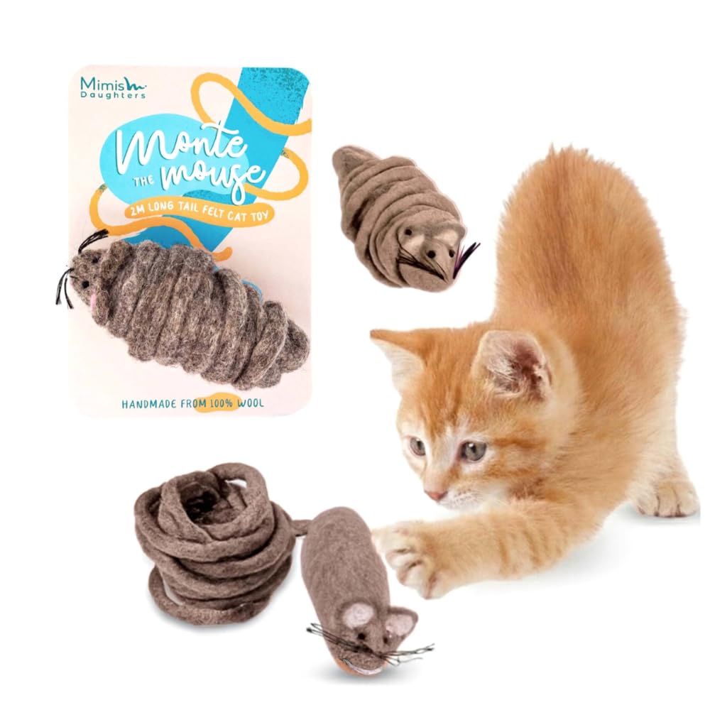 Mimis Daughters Felt Wool Natural Cat Kitten Chew Mouse Scratch Chase Play Toy - Interactive Exercise 2M Long Tail - For Indoor Cats - Unique Handmade Felt Cat Toy ( Brown)