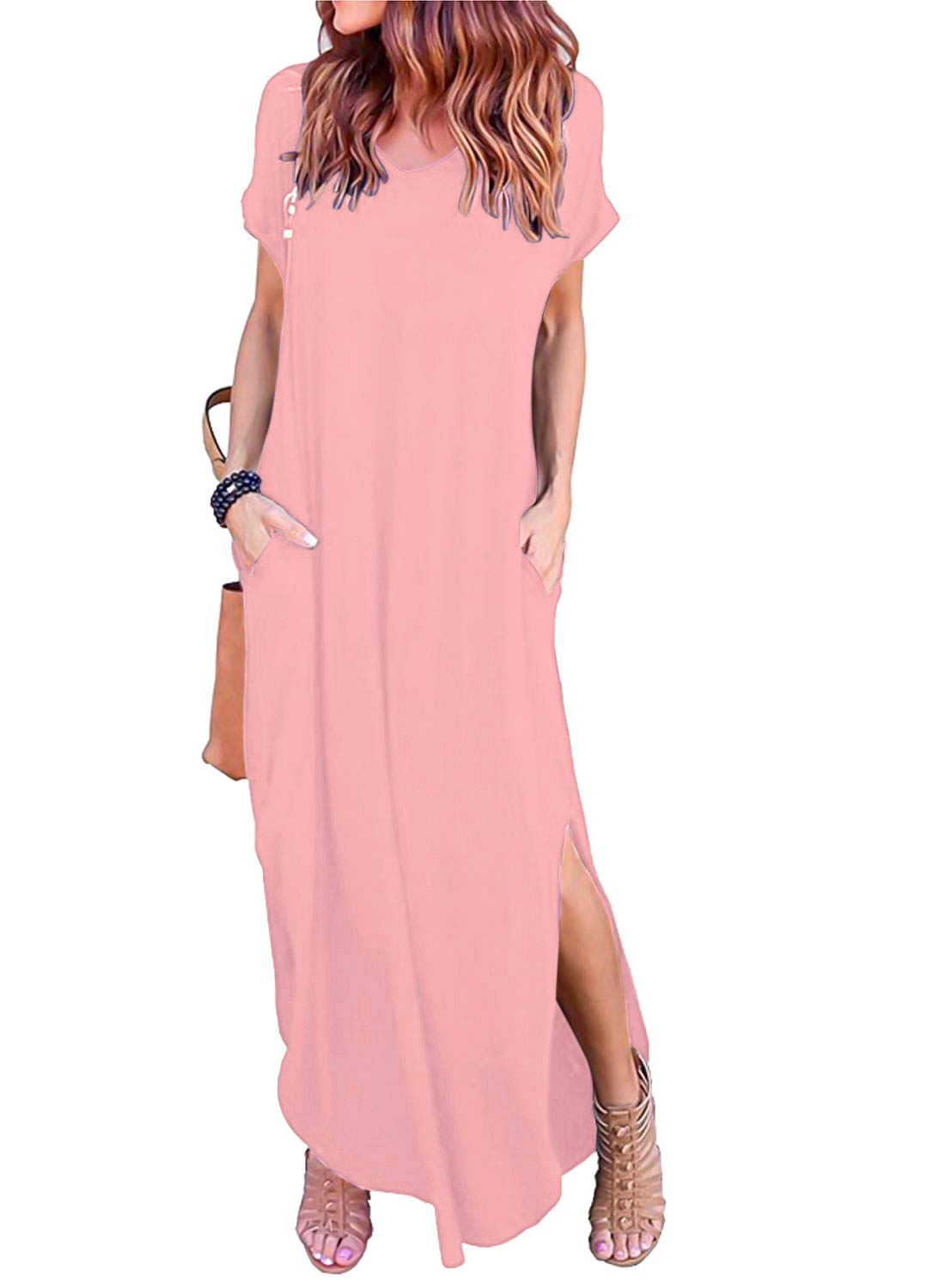 HUSKARYWomen's Summer Maxi Dress Casual Loose Pockets Long Dress Short Sleeve Split Maxi Dresses