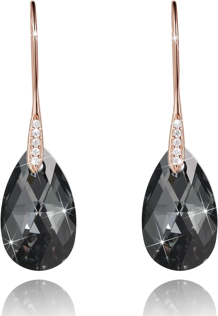 Black Crystal Earrings For Women, Ladies Friends Sterling Silver Hypoallergenic Drop Earring Jewelry