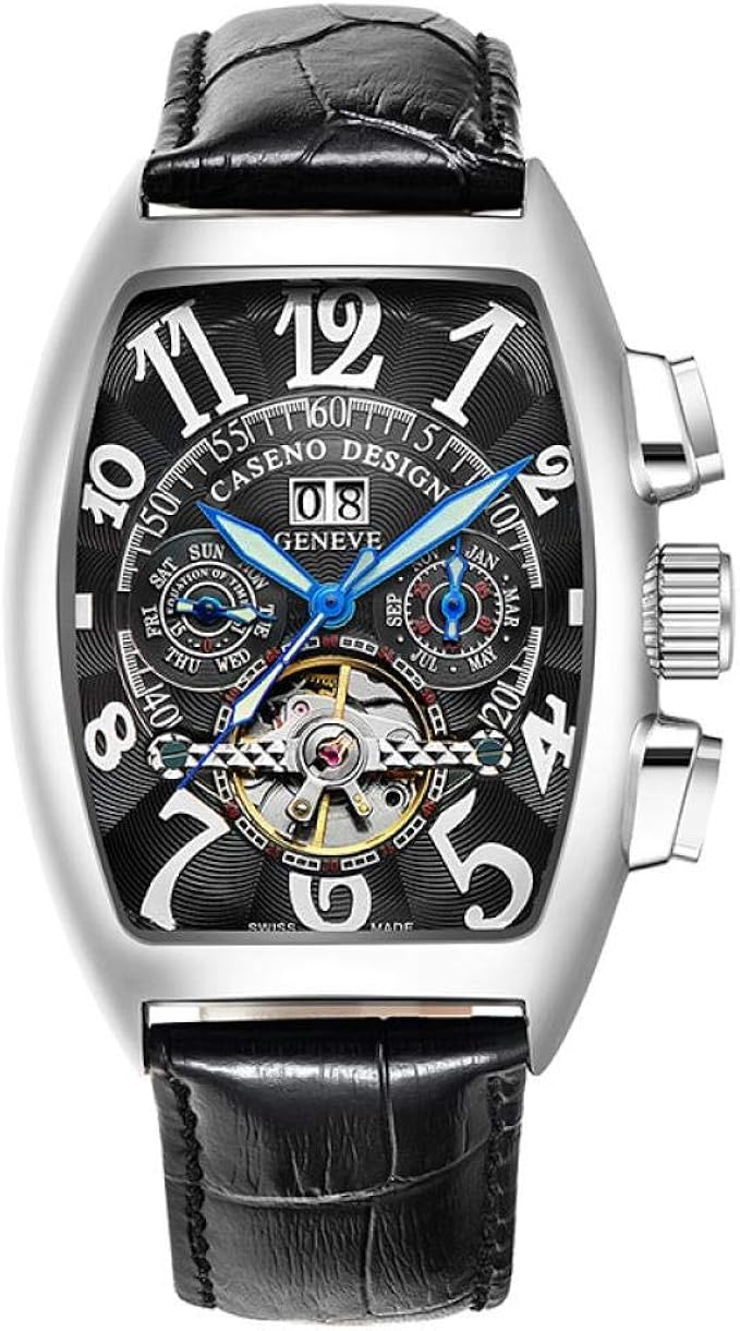 Men's Watches,Wine Barrel Type Tourbillon Mechanical Watch, Silver Shell Black Surface Amazon