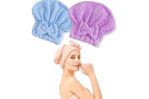 Microfibre Fluffy Hair Towel Bow Cap, Soft Absorbent Quick Drying Cap for All Types of Hair, Set of 2 pcs (Purple&Blue)