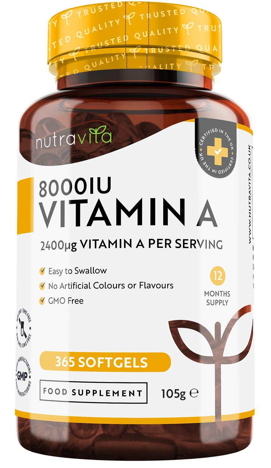 Vitamin A 8,000IU – 365 Softgels – VIT A Supplement for Normal Skin, Eyes & Immune System – No Soybean or Fish Liver Oil – 2400μg Vitamin A Capsules not Tablets – Made in the UK by Nutravita