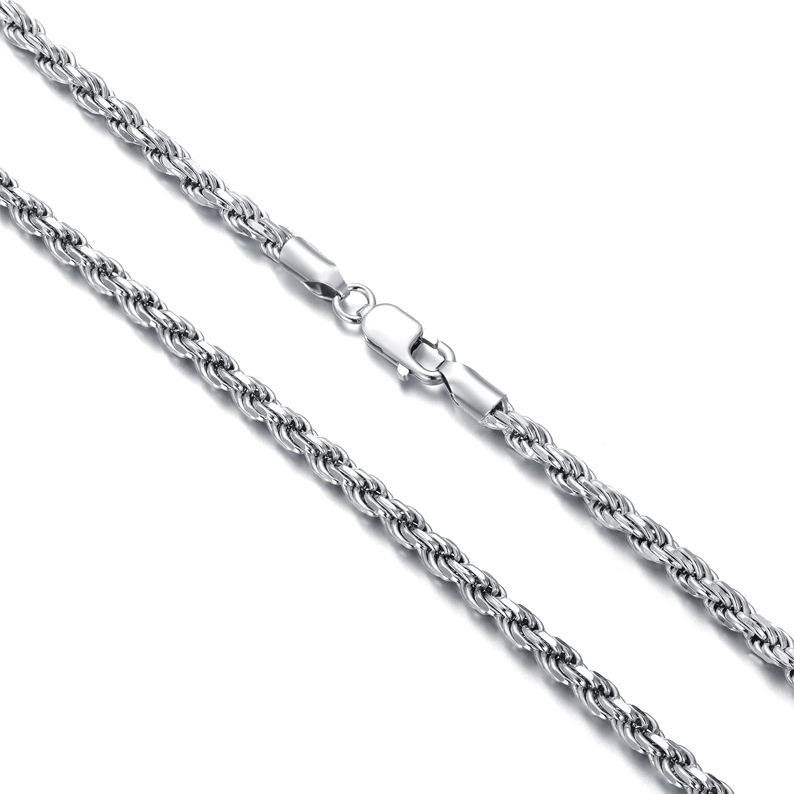 WSX Sterling Silver Rope Chain For Women 18 Inches 925 Silver Rope Chain For Men 3mm Sterling Silver Chain For Men
