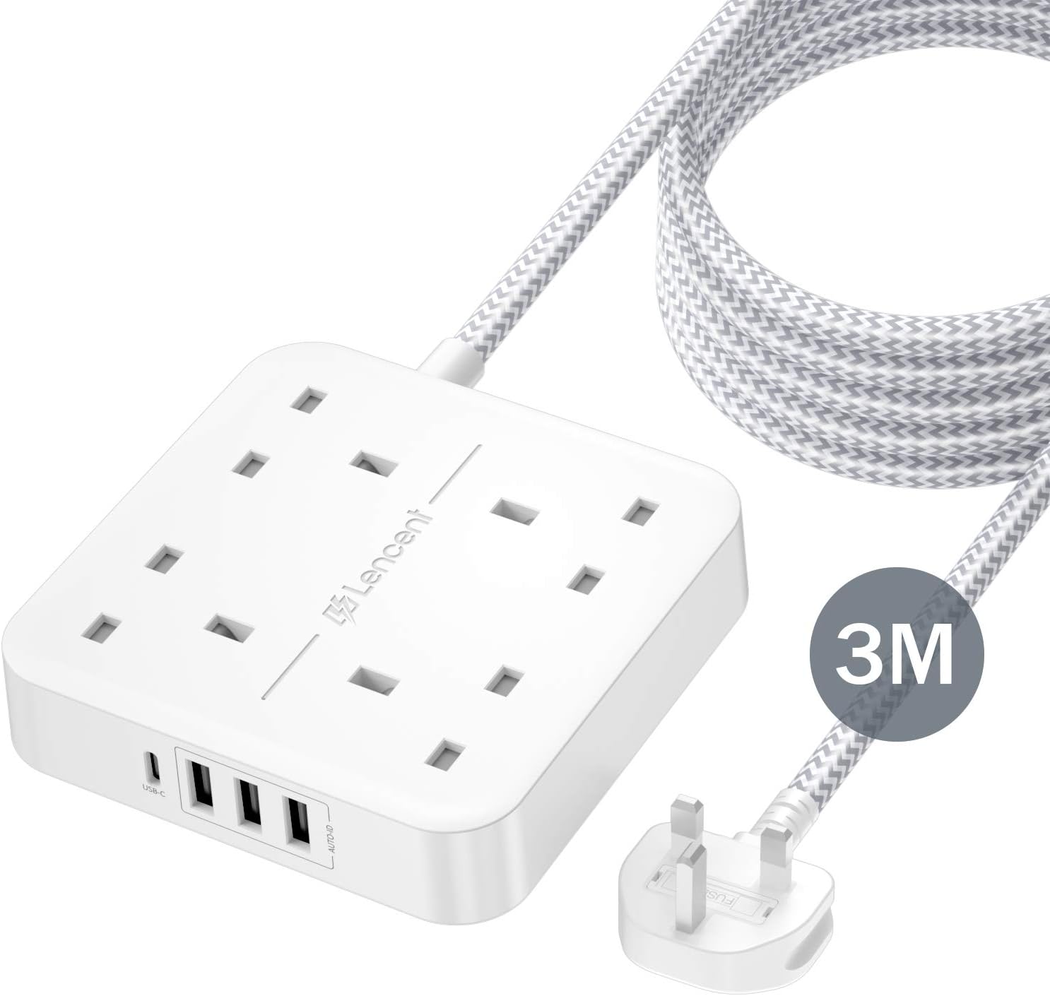 LENCENT 3M Extension Lead with USB C Port (3250W 13A), 4 Way Outlets Power Strip with 1 USB-C and 3 USB Slots