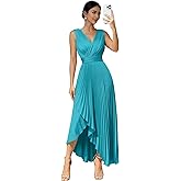 Uknztcl Women's V-Neck Bridesmaid Dresses with Slit for Wedding Pleated Satin High Low Long Formal Evening Dress