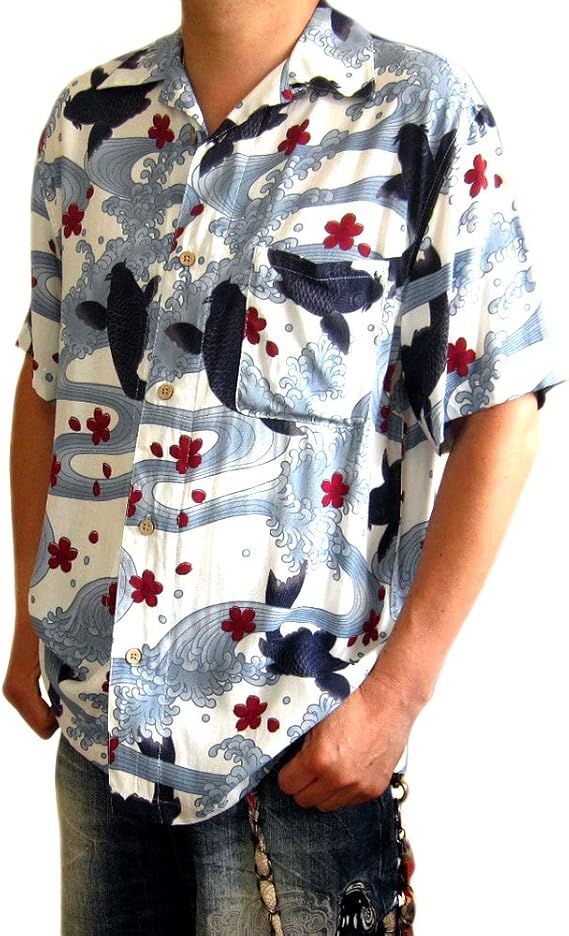 Amazon 和柄 アロハ シャツ 半袖 服 メンズ 鯉 水流 桜 大きいサイズ 悪羅悪羅系 オラオラ系 白 アロハシャツ 鯉柄 Ma042 シャツ 通販
