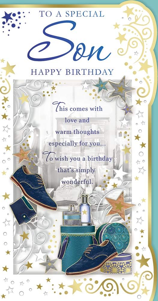 Jonny Javelin Son Birthday Card - Football Boots Bottle Whistle & Silver Foil 9x6.25, Multi, 23cm x 16cm
