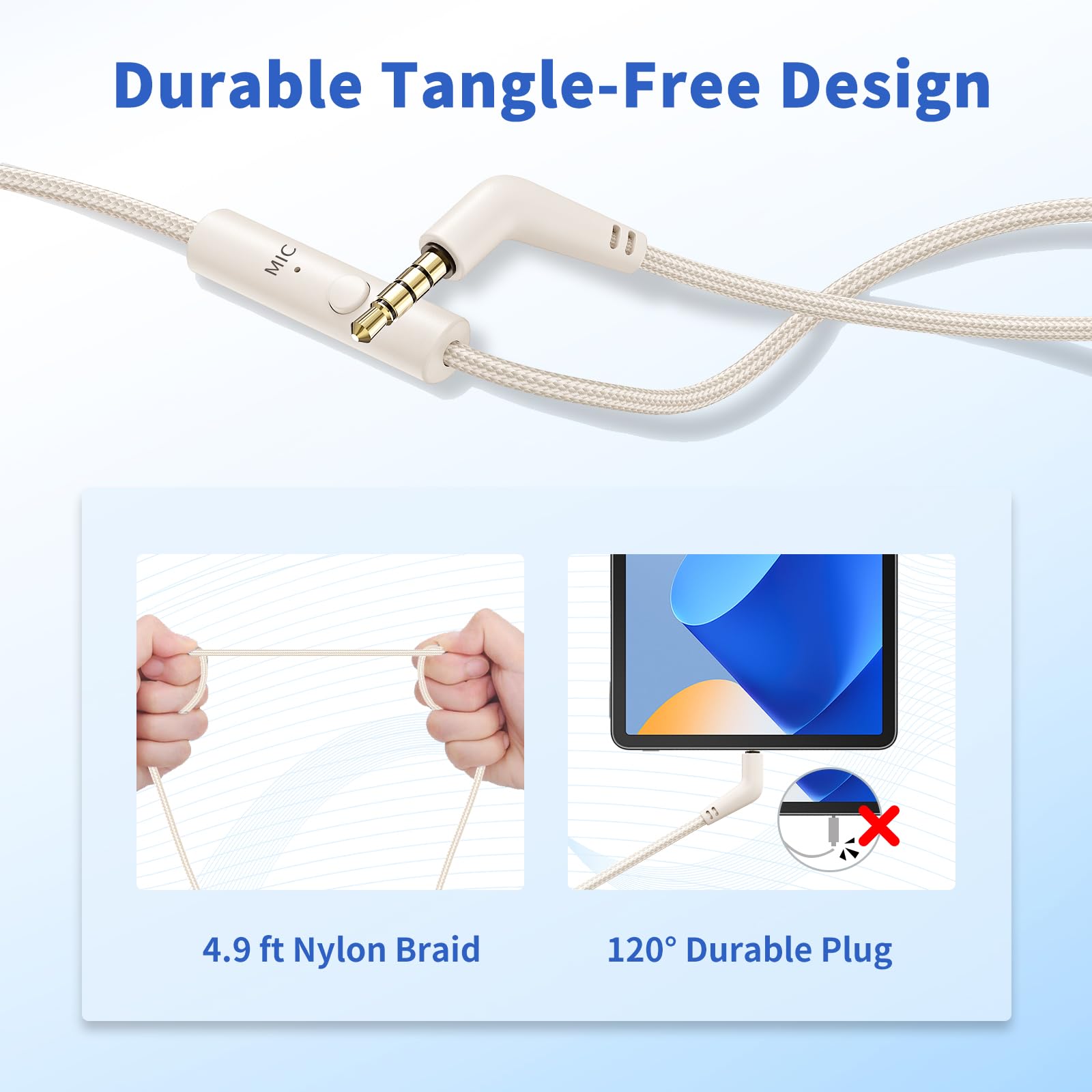 Botesty Sound Headphones Wired with Microphone, Over Ear Foldable 3.5mm Plug in Headphones Corded with 4.9ft Tangle-Free Nylon Cord for Tablet, Laptop, MP3/4, School, Airplane Travel (Beige)