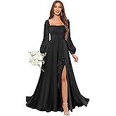 Djqpi Women's Long Sleeve Bridesmaid Dresses with Slit Square Neck Chiffon Ruffle Formal Evening Paty Gowns