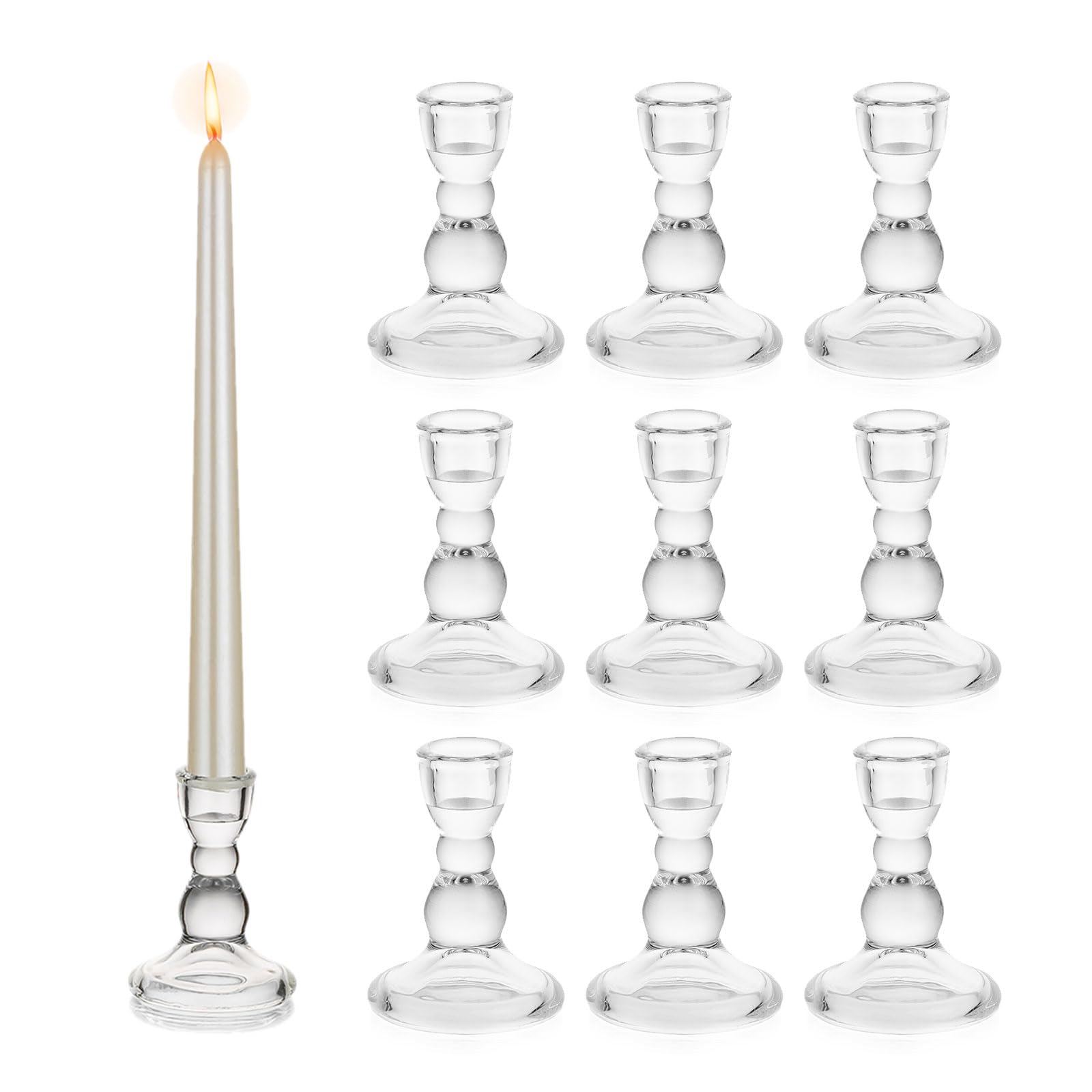 Glass Taper Candle Candlestick Holders, 10Pcs Glasseam Clear Candle Stick Holder Set Bulk Decorative Christmas Candlesticks Holder for Dining Table Centrepiece for Dinner Wedding Living Room