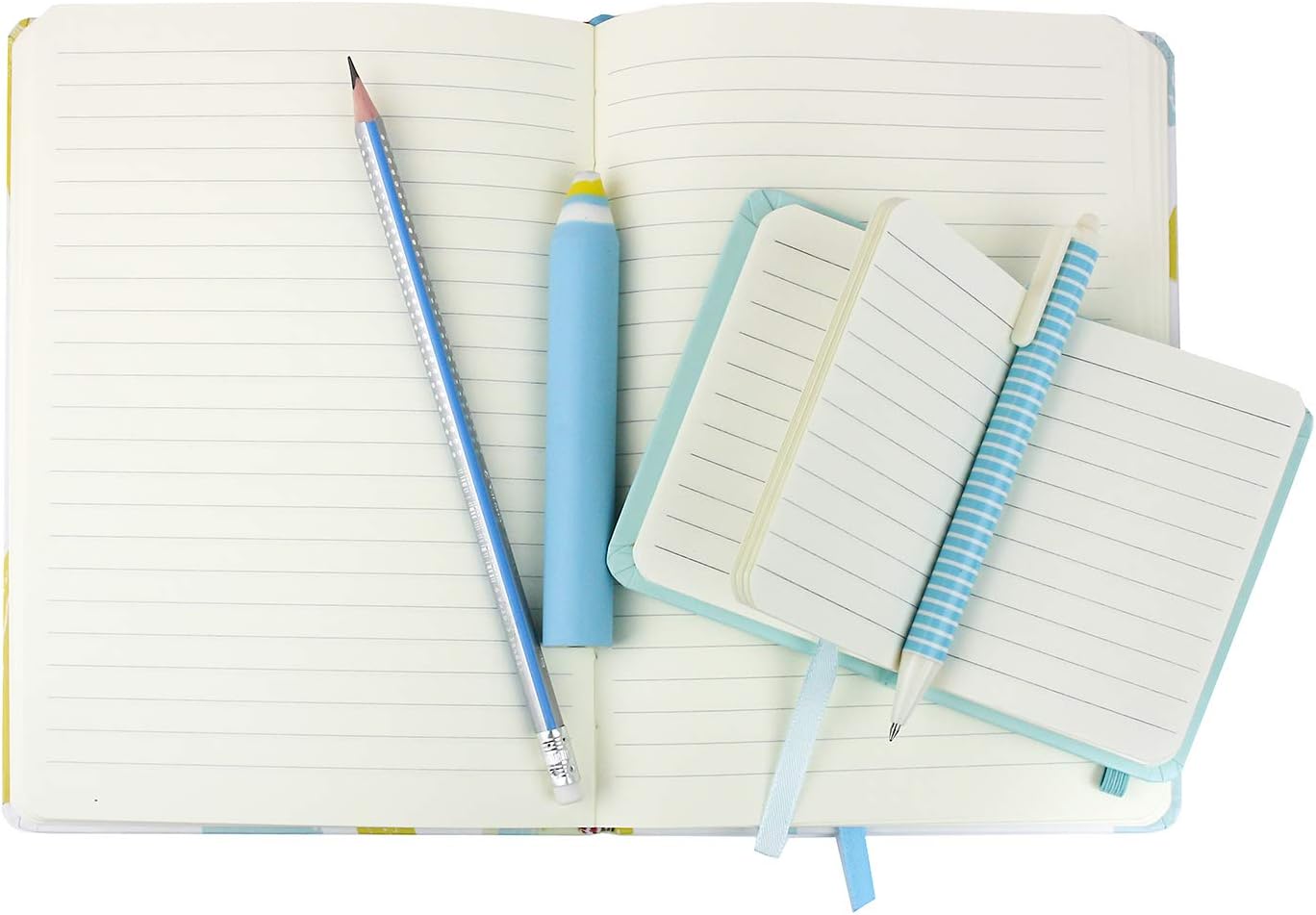 Emartbuy Cool Stationery Unique Gift Set including A5 and A7 Notebook Journal Gel Pen Pencil Erasers in Ribbon - Blue Yellow - Image 4