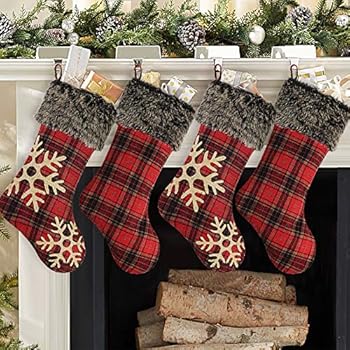 Ivenf Christmas Stockings, 4 Pcs 18 inches Burlap with Large Plaid Snowflake and Plush Faux Fur Cuff Stockings, for Family Holiday Xmas Party Decorations