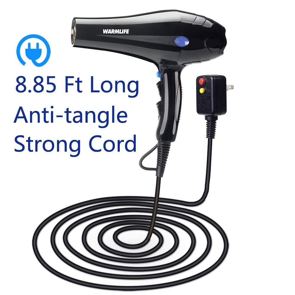 Warmlife 1875W heavy duty hair dryer Professional AC Motor Hair Dryer, Negative Ions Ceramic Ionic Blow Dryer Cold Shot Button, with Concentrator & Diffuser (Black)