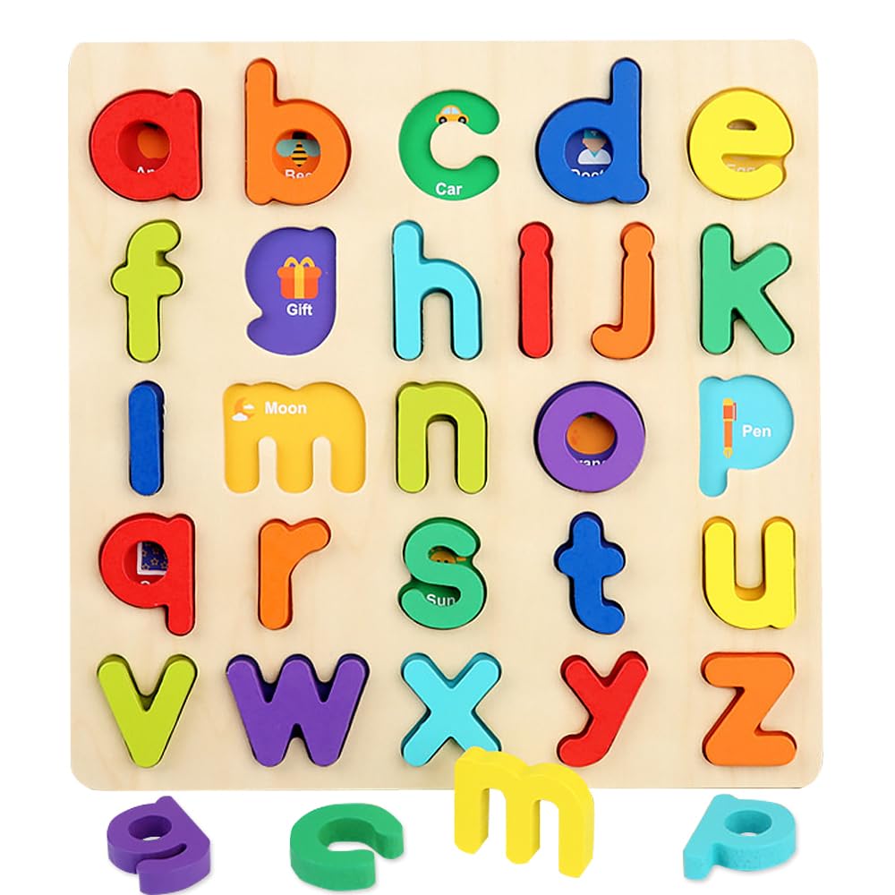 Wooden Jigsaw Puzzles for 3 4 5 Year Old Kids Numbers & ABC Alphabet Learning Toys - Early Education Toys-Wooden Puzzles Montessori Toys for Girls Boys Gifts. (lowercase letters)