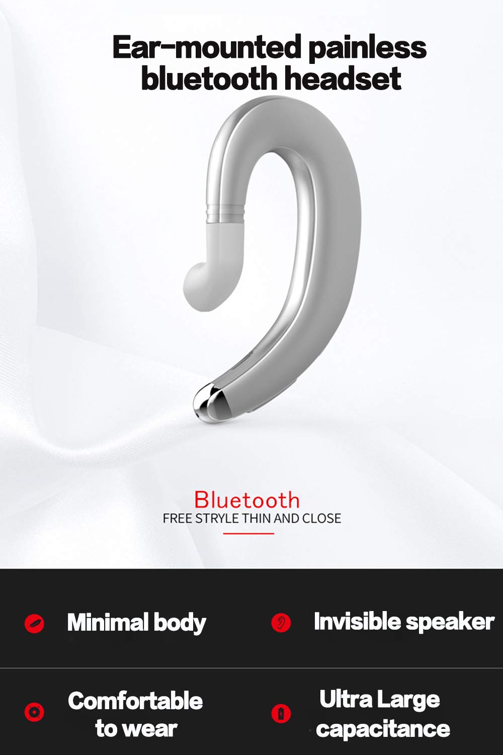 SLUB Ture Wireless Bluetooth Invisible Single Earbud with Microphone Noise Cancelling  Waterproof Ear-Hook Non Ear Plug Sport Headset for  Cell Phone(Black)