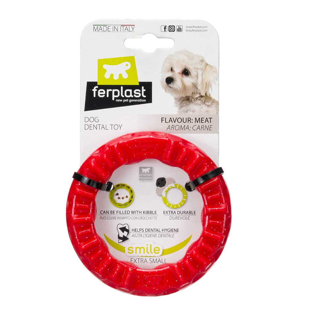 Ferplast Dog Toy, Dog Treat Dispenser Ring, Chew Toy, Made of Durable Material, Meat Flavoured, for Dog Dental Hygiene, SMILE Fitness Ring, Small Dog Toys, Red