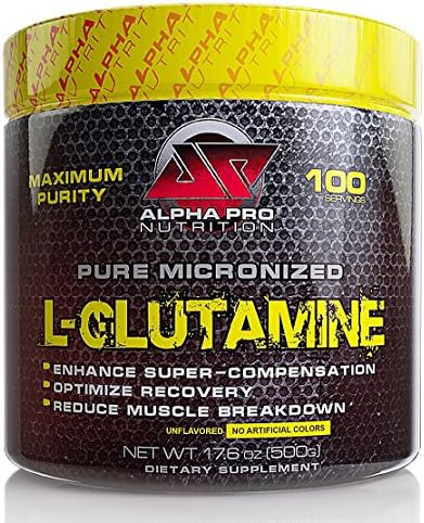 Glutamine, Ultra Pure Micronized L Glutamine by Alpha Pro Nutrition, No Flavors/Coloring, Mixes Instantly, The Athlete's Amino Acid, 500g pure powder, 100 servings, Full 5 g serving.