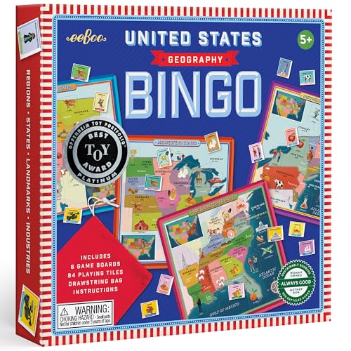 eeBoo: USA Geography Bingo for Kids for Ages 5+, A Fun Kids Learning Game That Teaches About The USA and Improves Memory