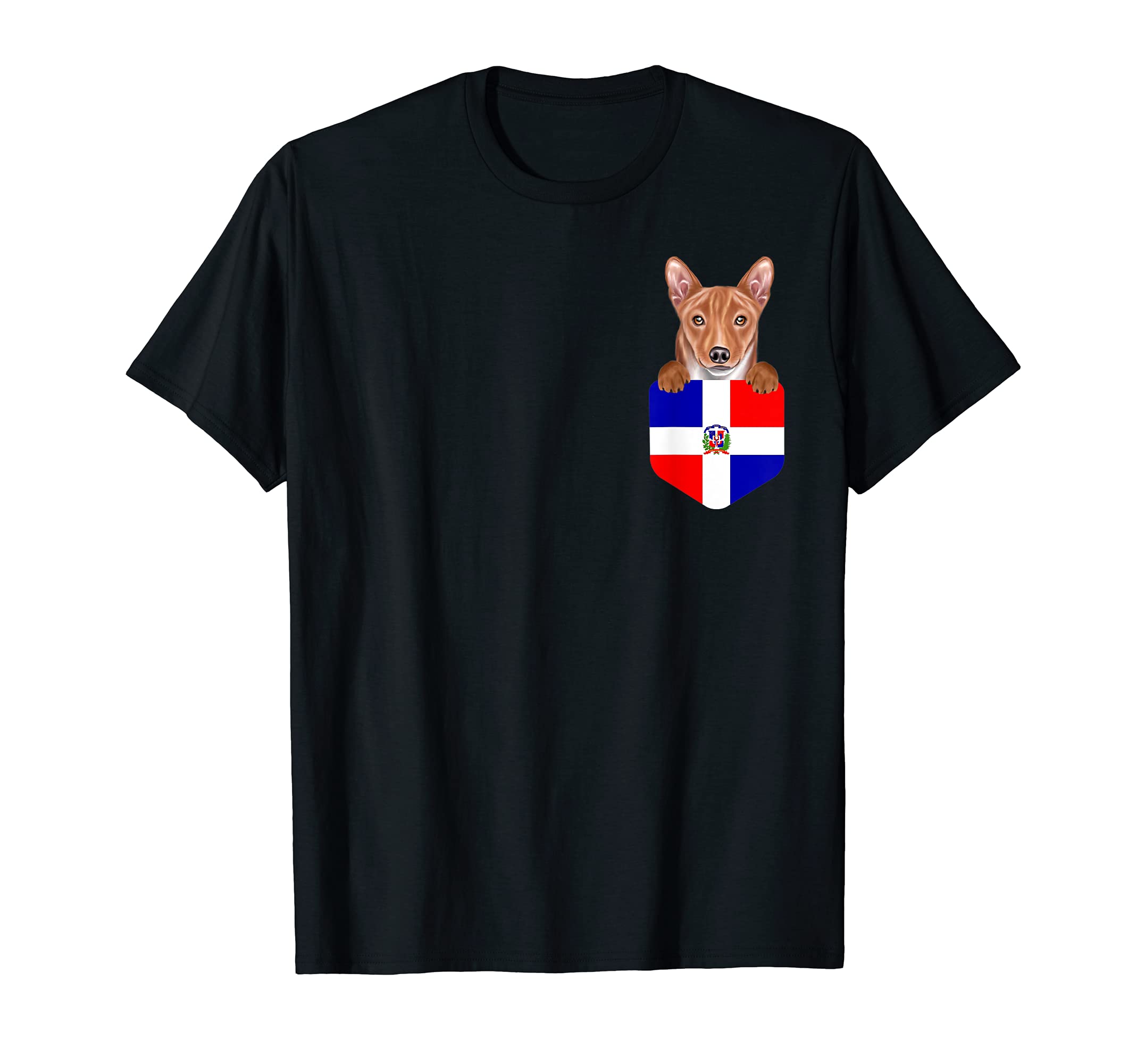 Dominican Republic Flag Basenji Dog In Pocket T-Shirt