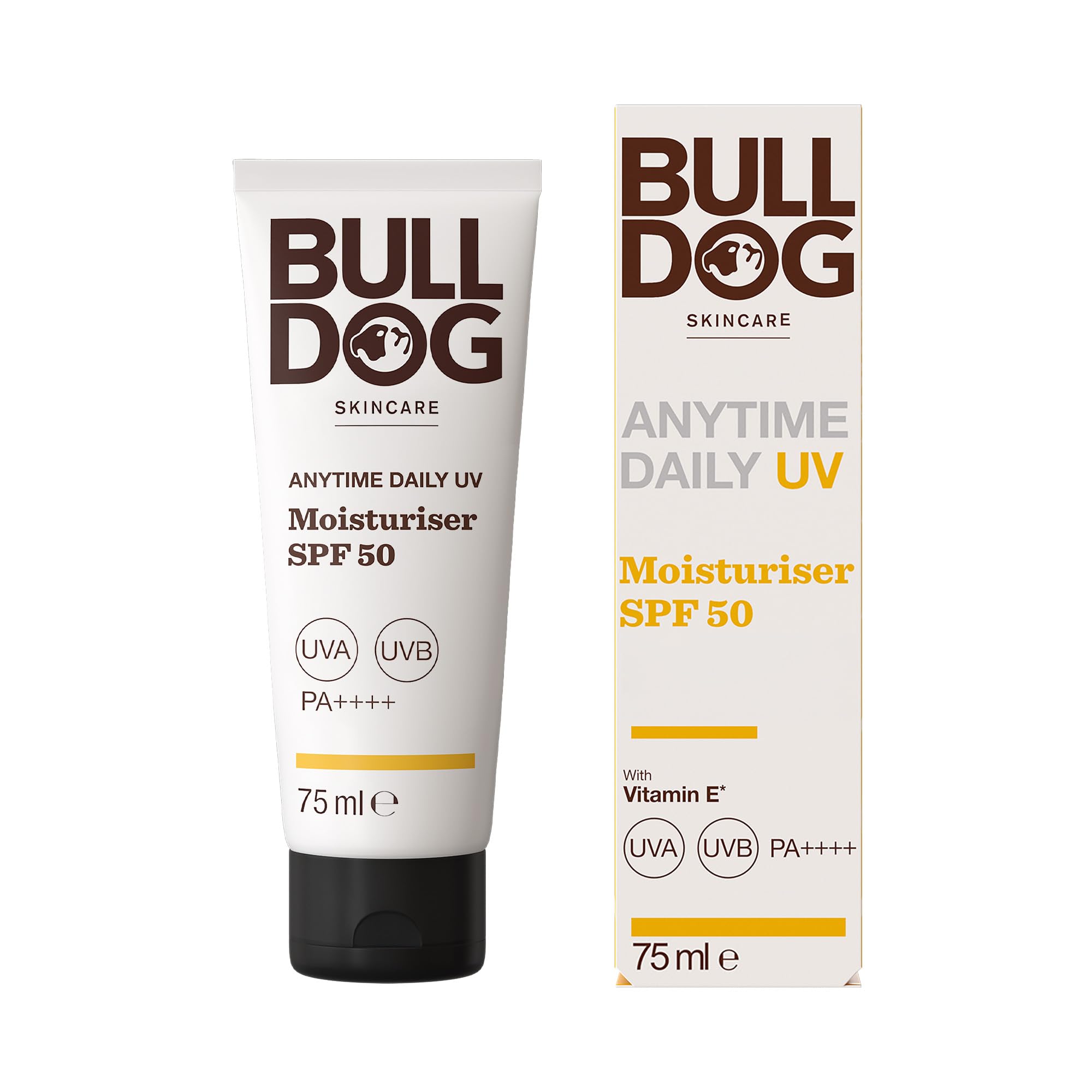 BULLDOG SKINCARE Anytime Daily UV Moisturiser SPF 50 For Men 75 ml, Safflower Seed Extract, Protects & Hydrates Skin, Suitable For All Skins