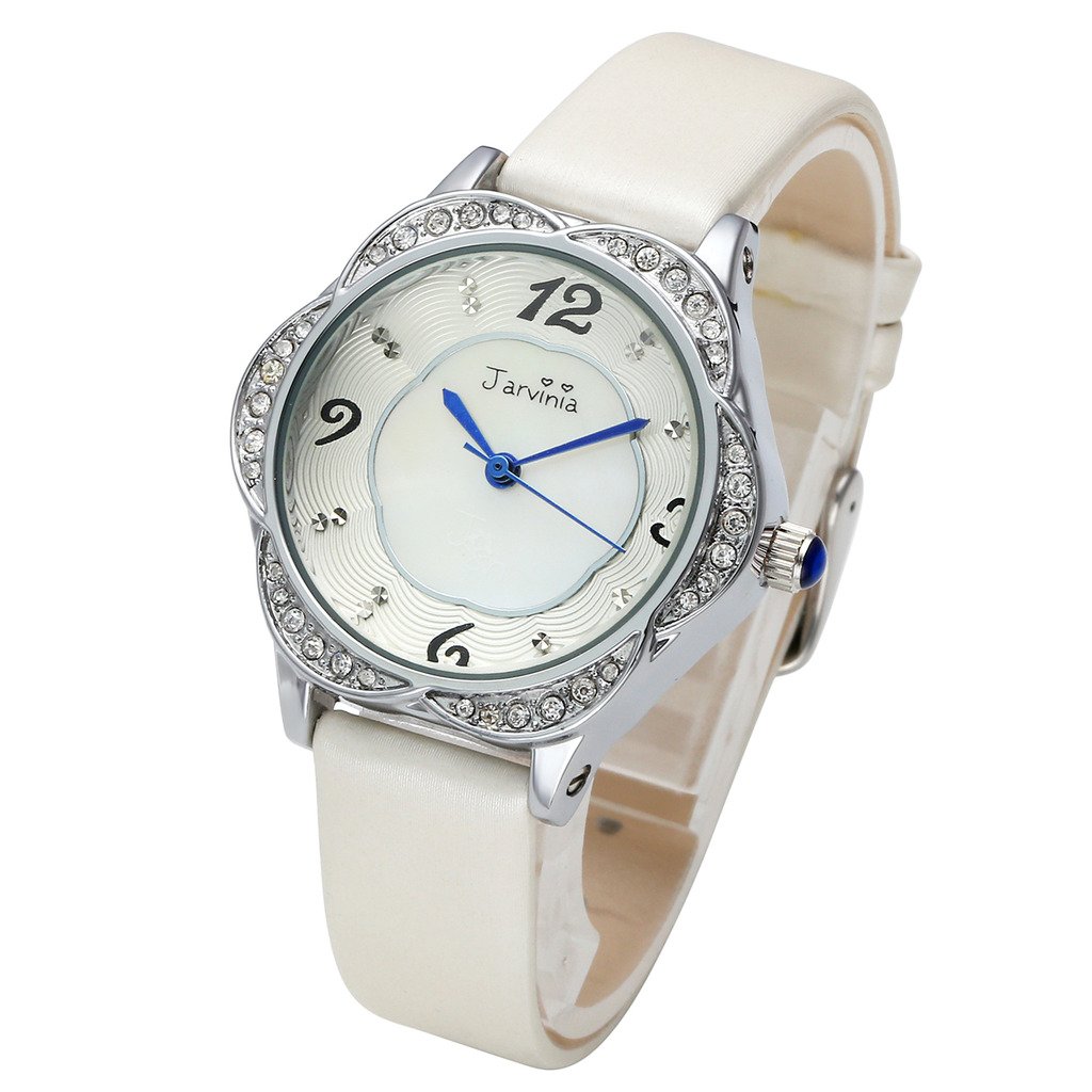 JSDDE Uhren,Elegant Frau Armbanduhr Strass Blume-Form Damenuhr mit Muschel Echtleder Armband Analog Qaurzuhr,Weiss