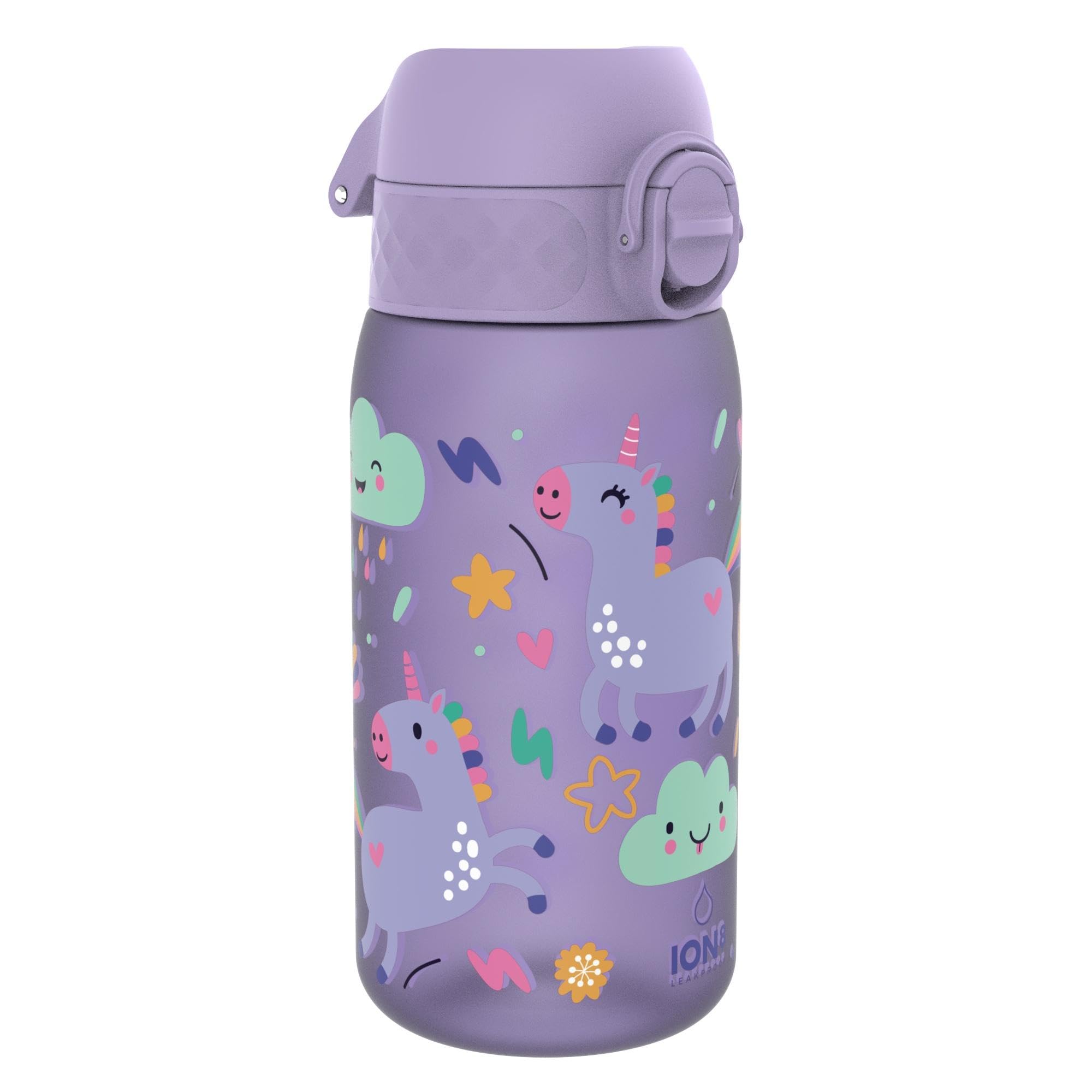 Ion8 Kids Water Bottles, BPA Free, Leakproof, Dishwasher Safe, Easy Open, Secure Lock, Small Boys & Girls Water Bottle,Kids Drinks Bottle for Spill-free Drinking, Purple, Unicorns, 350ml/12oz